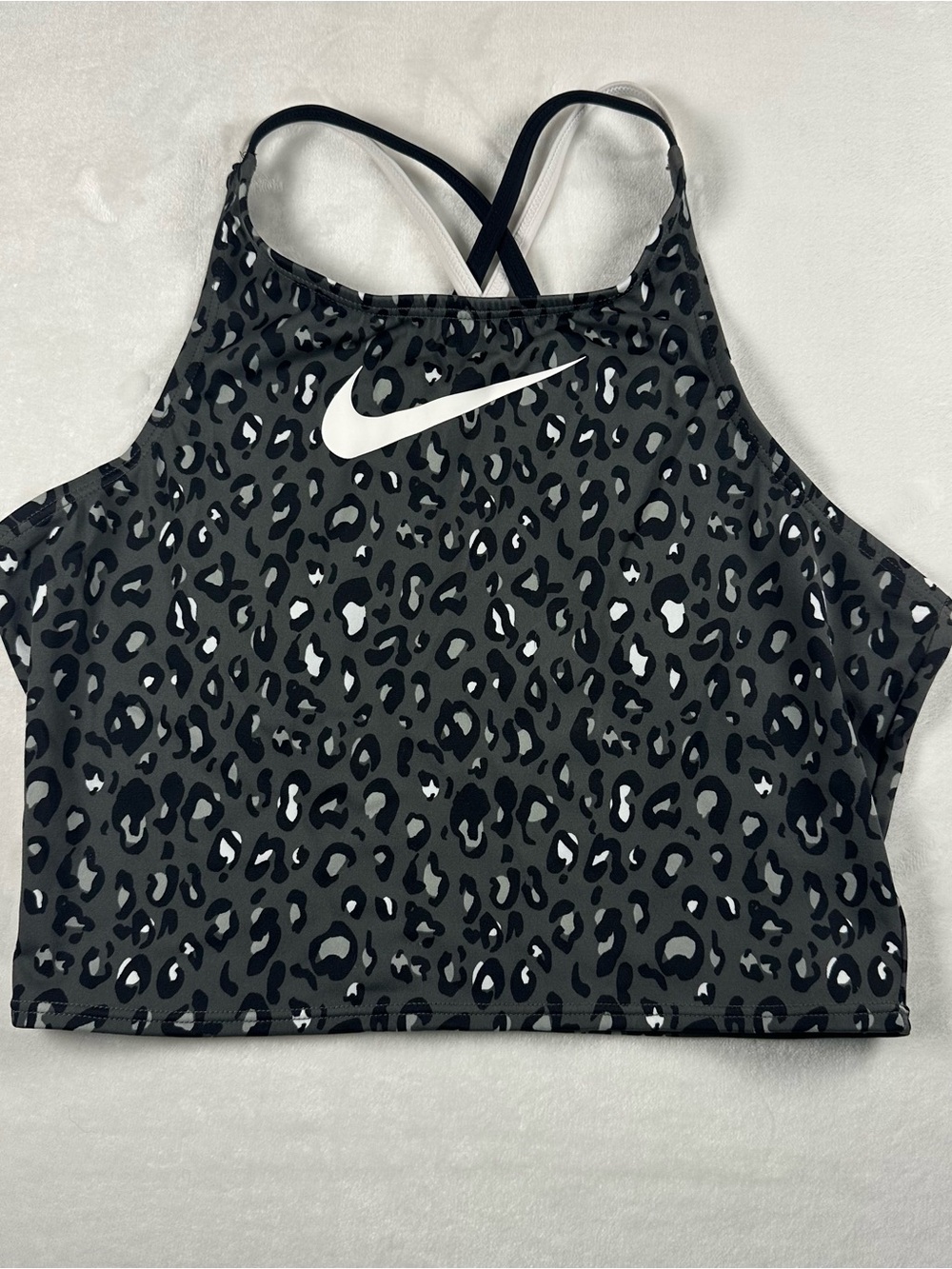 Nike Black & Gray Leopard Print Kids Swim Bikini Crop Top with White Swoosh